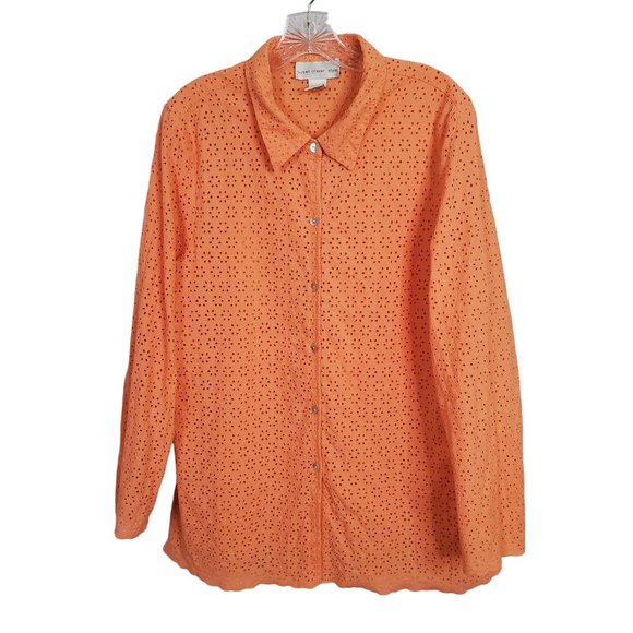 Susan Graver Size XL Blouse Cotton Eyelet Scalloped Hem Long Sleeve Orange - Picture 2 of 6